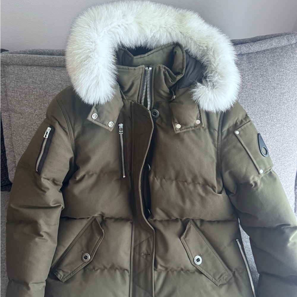 Moose Knuckles Khaki Puffer Jacket with Faux Fur Hood